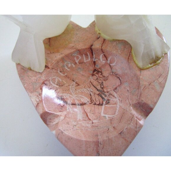 Mexican Souvenir White Alabaster Birds Pink Granite Stone Heart Ashtray Handmade - Picture 4 of 11